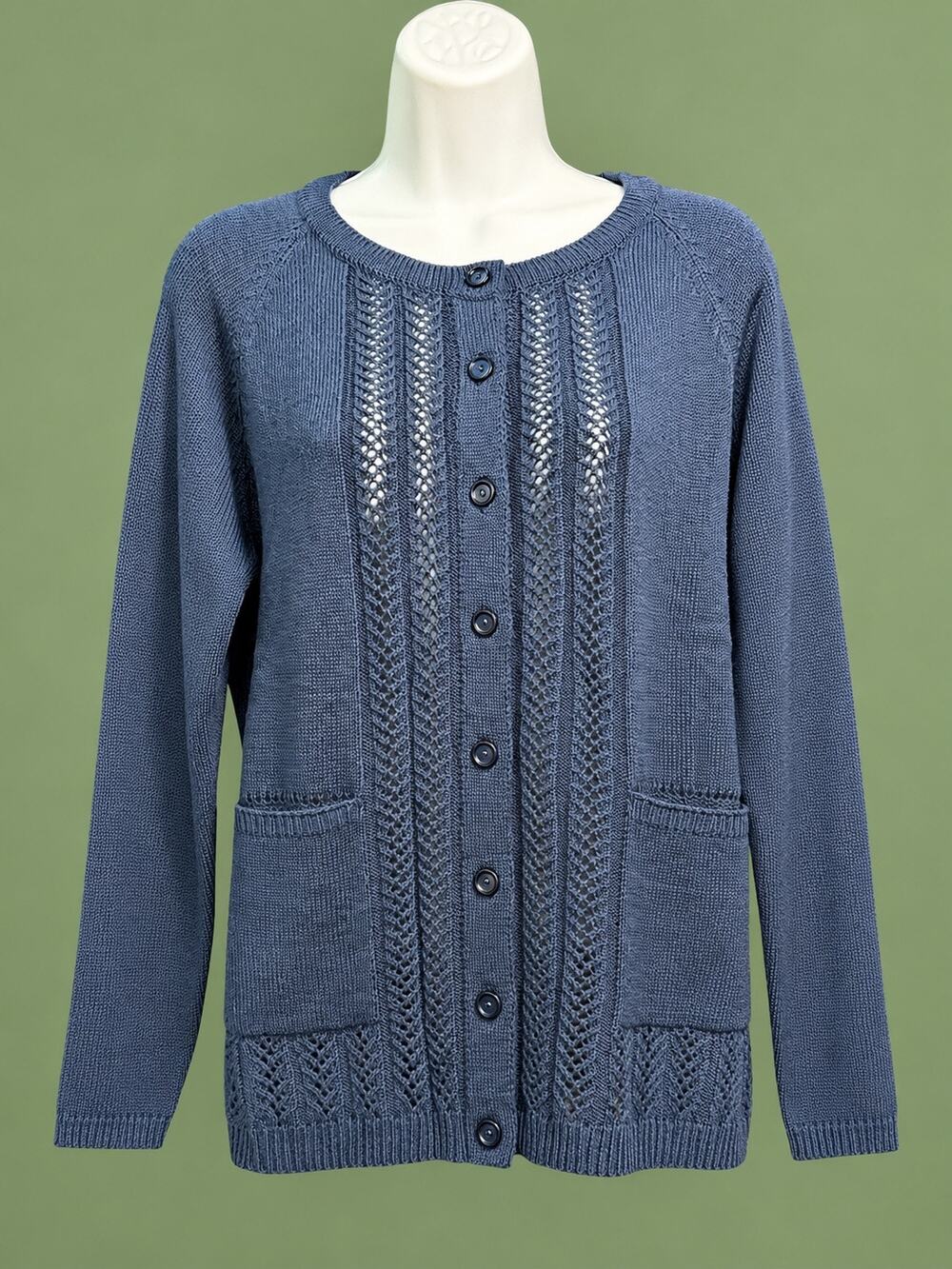 Petite Medium Navy Classic Cardigan Sweater 2 pockets